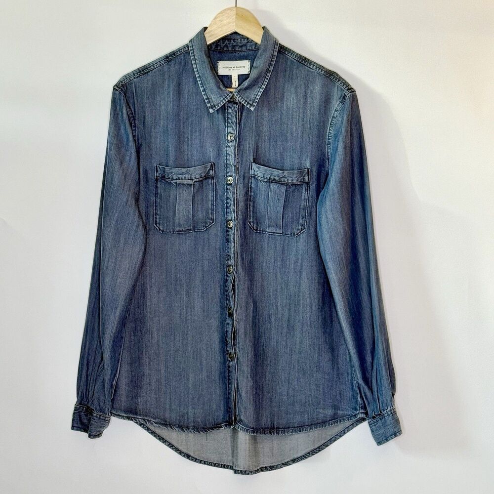 ARTICLES OF SOCIETY Long Sleeve Button Top Women's L Chambray Blue Classic Boho